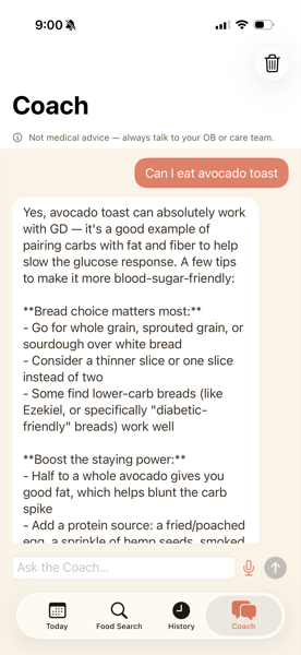 Eat with GDM's AI coach screen answering a question about whether avocado toast is GD-friendly