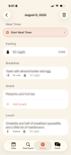 Eat with GDM history view for a day, showing fasting and post-meal glucose readings and logged meals (numbers and food details blurred for privacy)