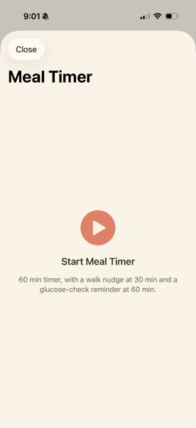 Eat with GDM's meal timer screen, a 60-minute timer with a walk nudge at 30 minutes and a glucose-check reminder at 60 minutes