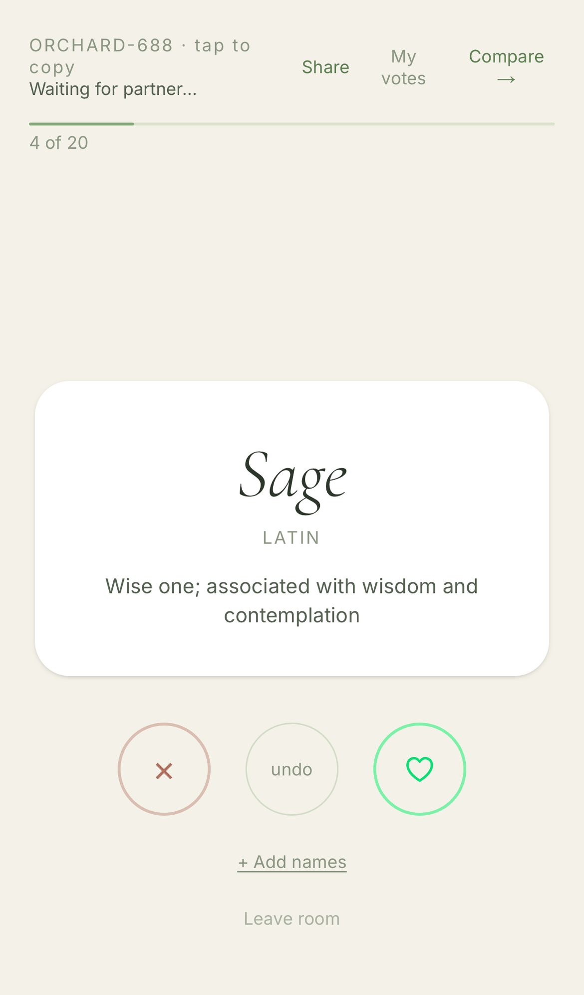 A Namesake voting card for the name 'Sage', showing its origin and meaning with nay and yay buttons below