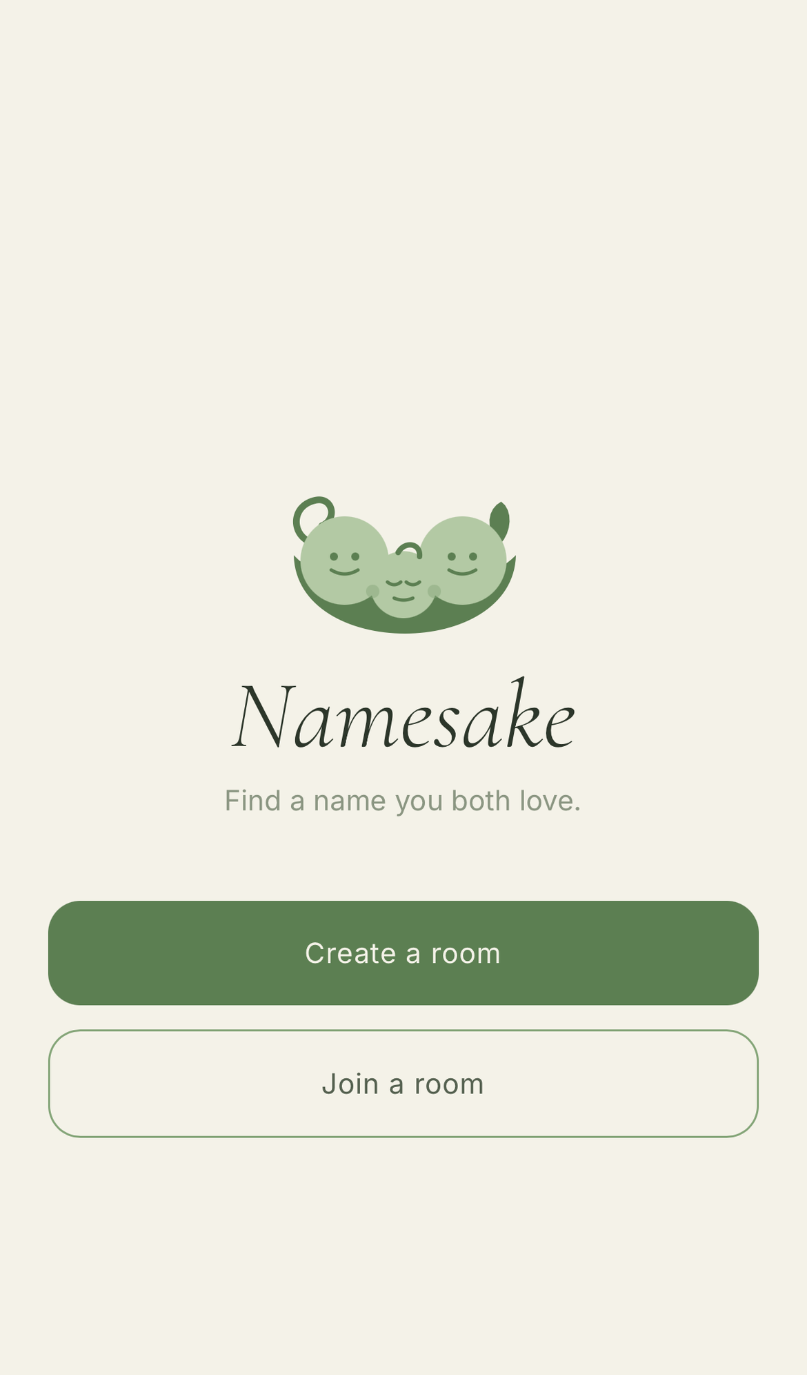 Namesake home screen with 'Create a room' and 'Join a room' buttons