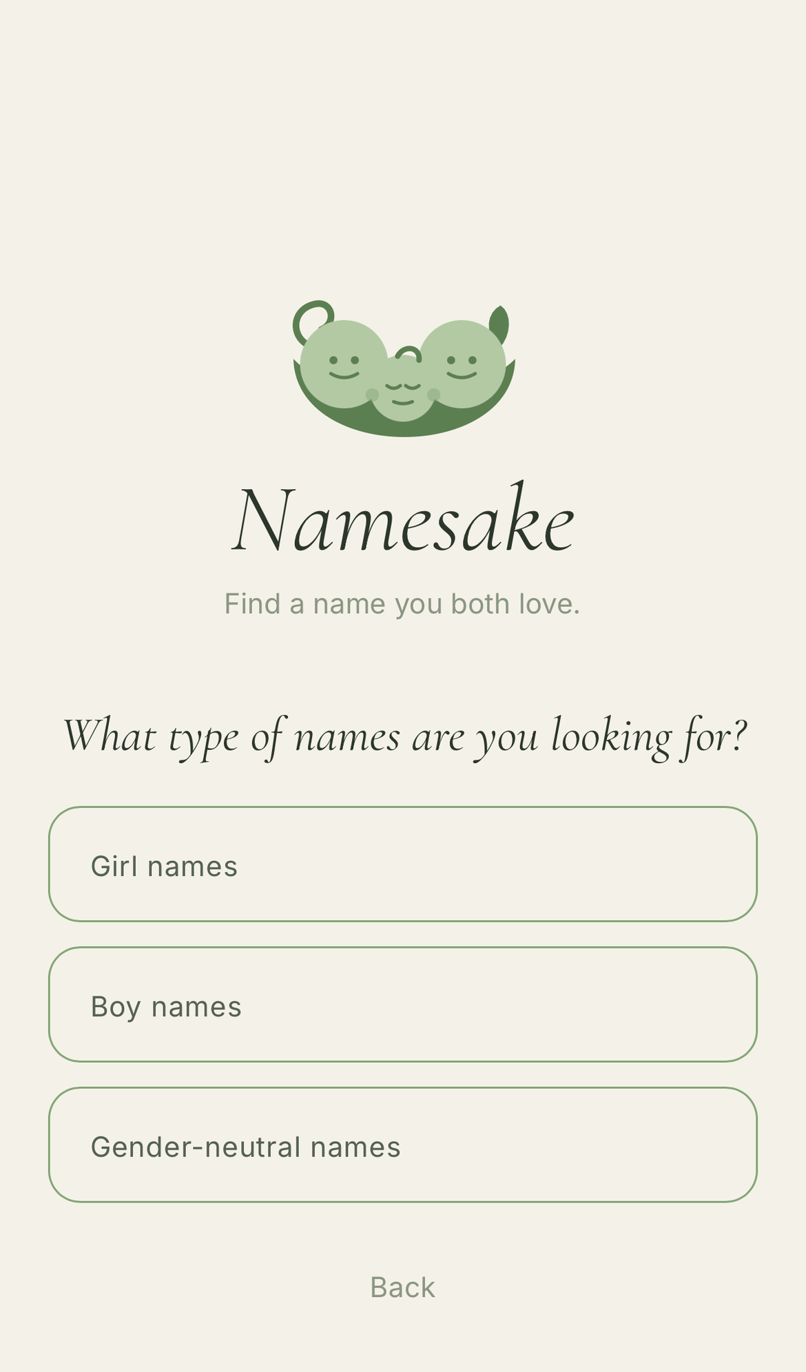 Choosing what type of names to look for: girl, boy, or gender-neutral
