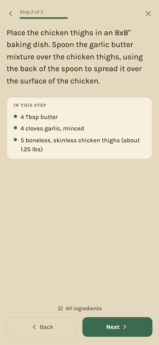 Skillet's cooking mode showing step 2 of 5 with the ingredients used in just that step and their amounts