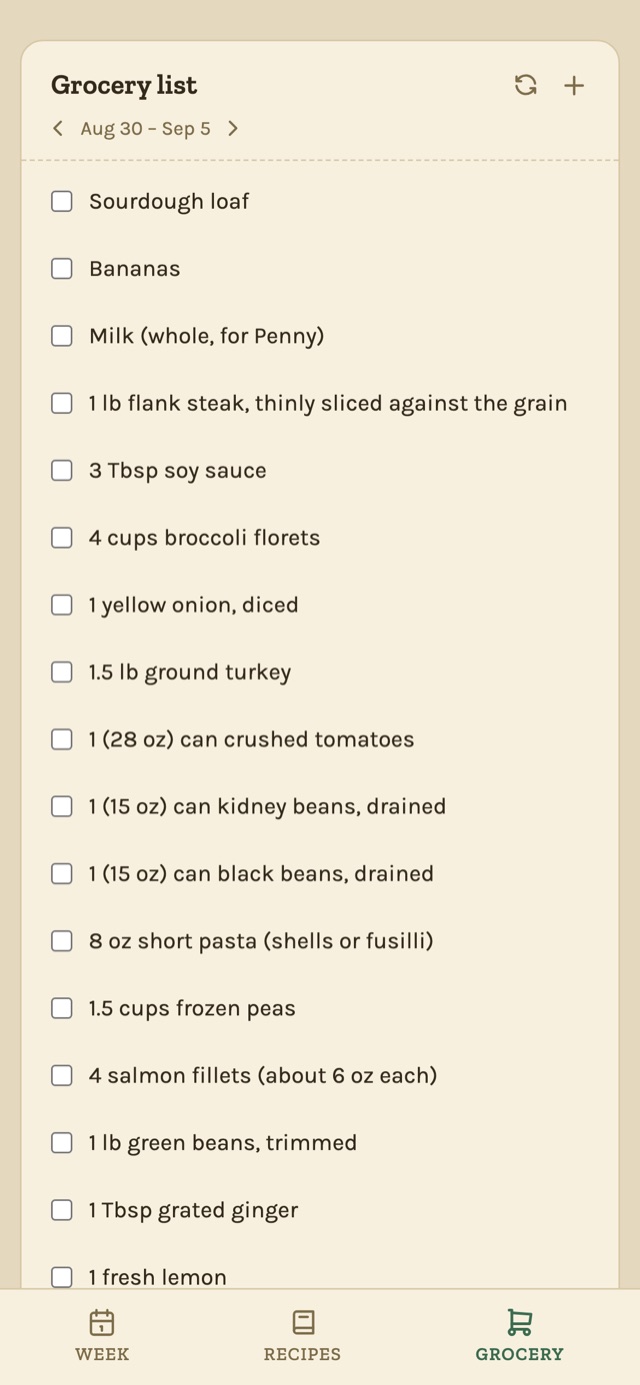 Skillet's grocery list for the week, auto-generated from the planned recipes