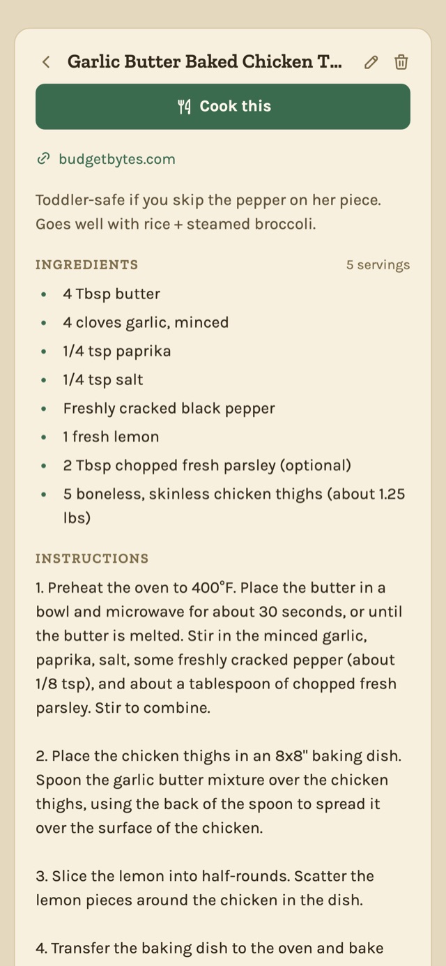 A Skillet recipe page for garlic butter baked chicken thighs, imported from budgetbytes.com, showing ingredients, servings, and numbered instructions with a 'Cook this' button
