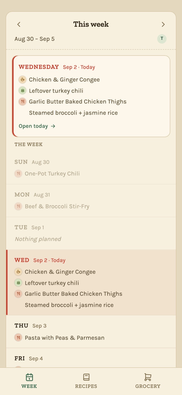 Skillet's weekly plan for Aug 30 – Sep 5, with a meal listed under each day and today's meals pulled out at the top